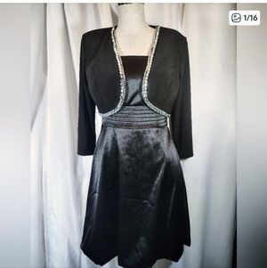2 Pc: WHBM Strapless Dress+Jacket Cropped, Short, Black Satin, Beads, Open, S